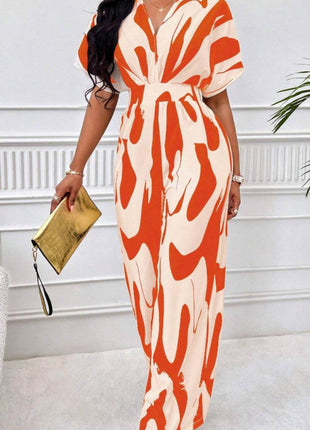 Printed V-Neck Short Sleeve Wide Leg Jumpsuit - MimiStylez