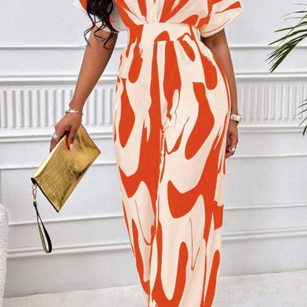 Printed V-Neck Short Sleeve Wide Leg Jumpsuit - MimiStylez