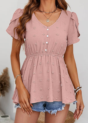 Swiss Dot Buttoned Petal Sleeve Peplum Blouse - MimiStylez