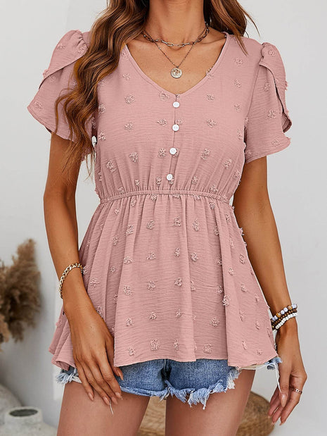 Swiss Dot Buttoned Petal Sleeve Peplum Blouse - MimiStylez