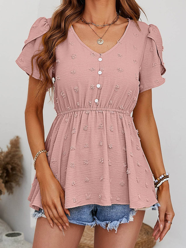 Swiss Dot Buttoned Petal Sleeve Peplum Blouse - MimiStylez