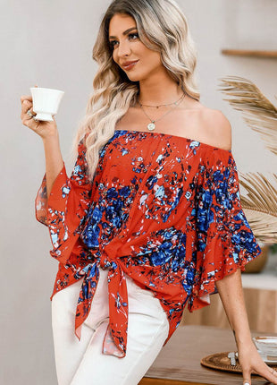 Tied Printed Off-Shoulder Half Sleeve Blouse - MimiStylez