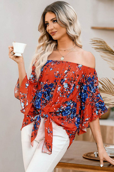 Tied Printed Off-Shoulder Half Sleeve Blouse - MimiStylez