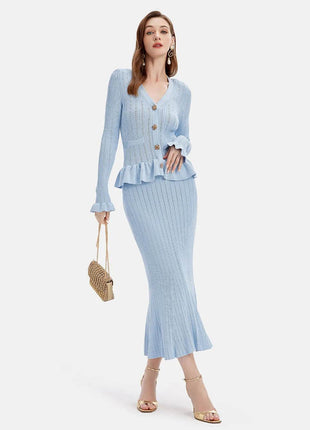 Ruffled V-Neck Top and Midi Skirt Sweater Set - MimiStylez