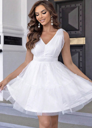 V-Neck Shoulder Detail Mesh Dress - MimiStylez