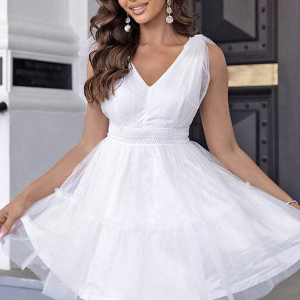 V-Neck Shoulder Detail Mesh Dress - MimiStylez