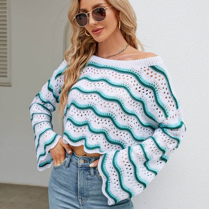 Round Neck Openwork Flare Sleeve Knit Top - MimiStylez
