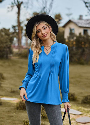 Notched Neck Flounce Sleeve Blouse - MimiStylez