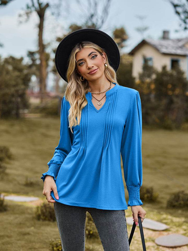 Notched Neck Flounce Sleeve Blouse - MimiStylez