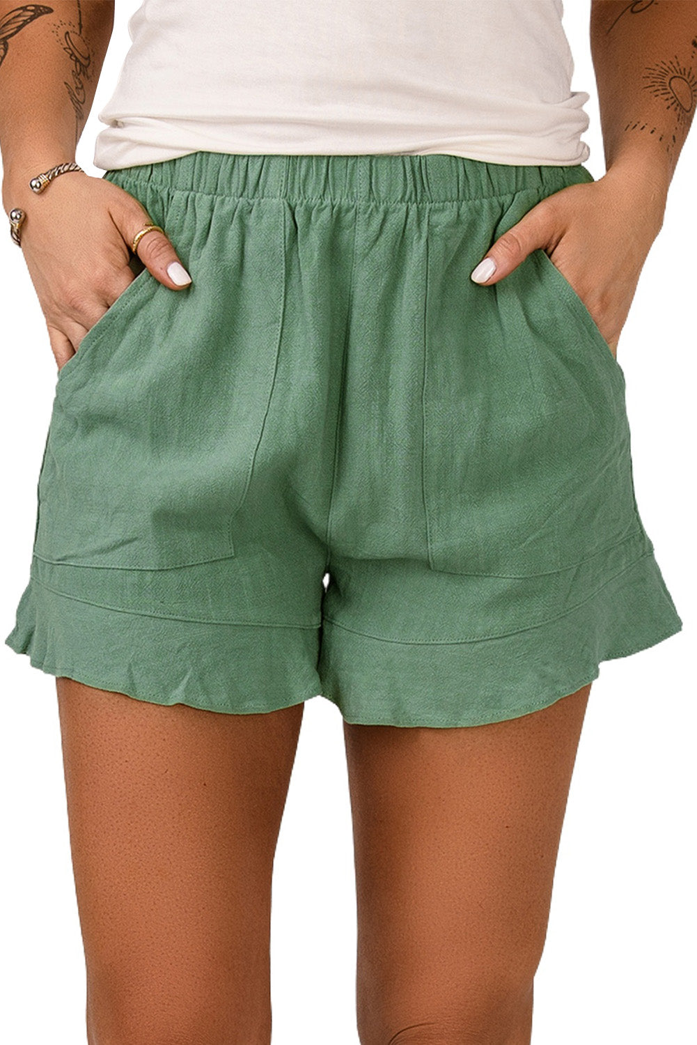 Khaki High Waist Pocketed Ruffle Shorts