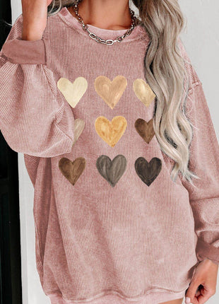 Heart Round Neck Dropped Shoulder Sweatshirt - MimiStylez