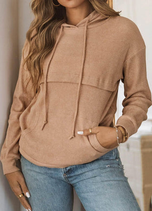 Waffle-Knit Drawstring Kangaroo Pocket Hoodie - MimiStylez