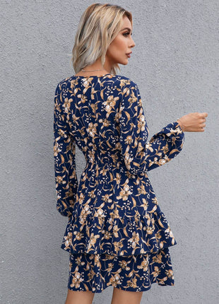 Floral Layered Surplice Balloon Sleeve Dress - MimiStylez