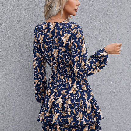 Floral Layered Surplice Balloon Sleeve Dress - MimiStylez