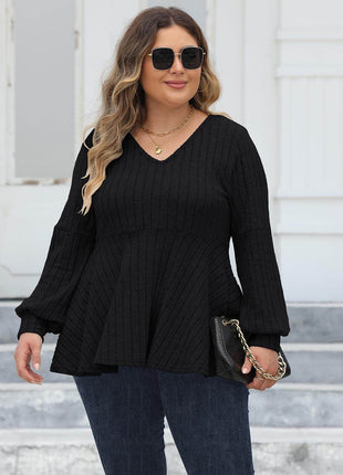 Plus Size Ribbed V-Neck Long Sleeve Blouse - MimiStylez