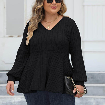 Plus Size Ribbed V-Neck Long Sleeve Blouse - MimiStylez