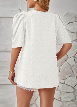 Swiss Dot Round Neck Short Sleeve Blouse - MimiStylez