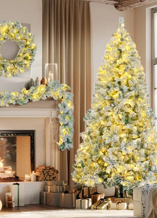 6FT Snow Flocked Christmas Tree  Pre Lit Set With Tree Garland & Wreath, Artificial Hinged Xmas Tree With Colorful LED Lights8 Lighting Modes, Pine Cones