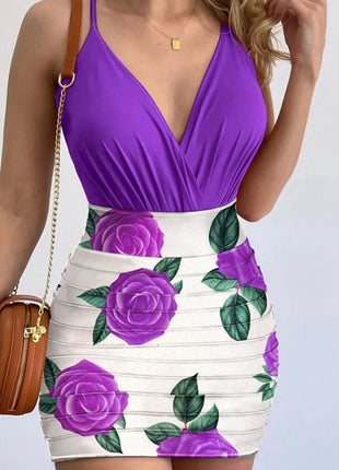 Surplice Spaghetti Strap Top and Printed Mini Skirt Set - MimiStylez