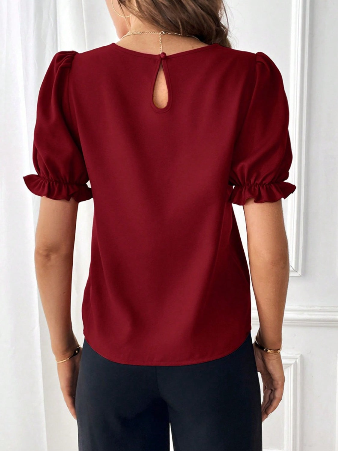 Round Neck Flounce Sleeve Blouse