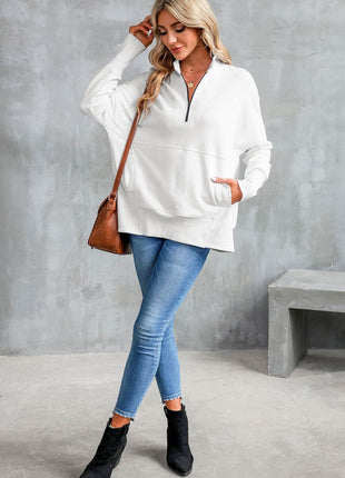Half Zip Pocketed Dropped Shoulder Sweatshirt - MimiStylez