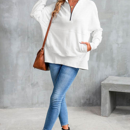 Half Zip Pocketed Dropped Shoulder Sweatshirt - MimiStylez