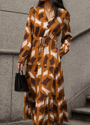 Perfee Printed Tied Pocketed Lantern Sleeve Dress - MimiStylez