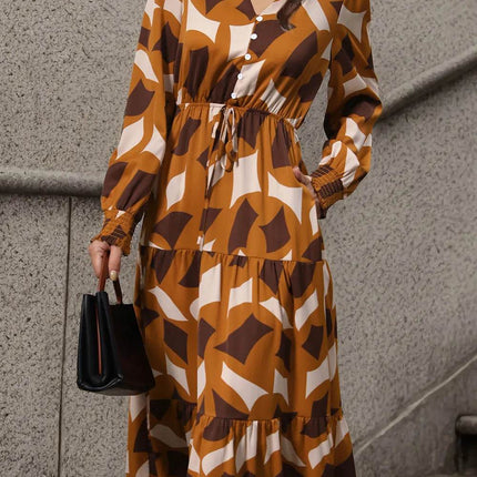 Perfee Printed Tied Pocketed Lantern Sleeve Dress - MimiStylez