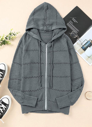 Zip-Up Raglan Sleeve Openwork Hooded Cardigan - MimiStylez