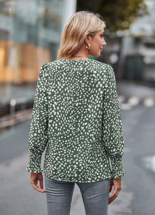 Printed V-Neck Lantern Sleeve Blouse - MimiStylez