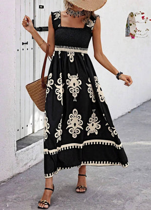 Smocked Printed Wide Strap Maxi Dress - MimiStylez