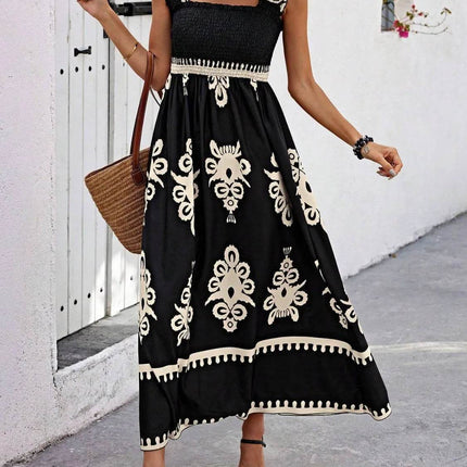 Smocked Printed Wide Strap Maxi Dress - MimiStylez
