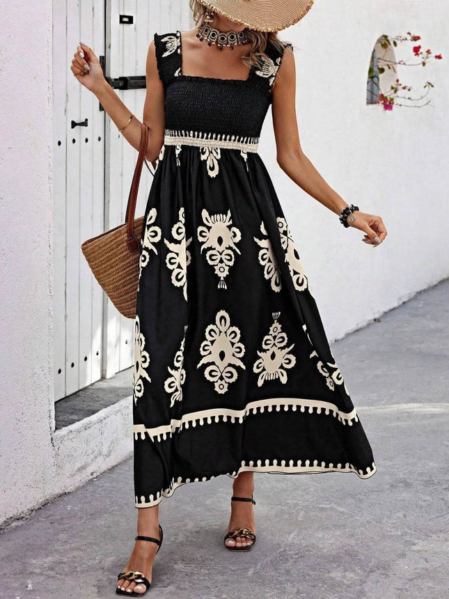 Smocked Printed Wide Strap Maxi Dress - MimiStylez