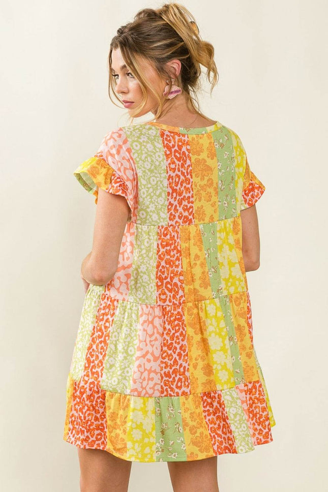 BiBi Leopard Short Sleeve Tiered Dress - MimiStylez