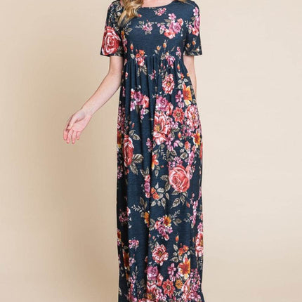 BOMBOM Floral Short Sleeve Maxi Dress - MimiStylez