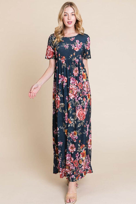 BOMBOM Floral Short Sleeve Maxi Dress - MimiStylez