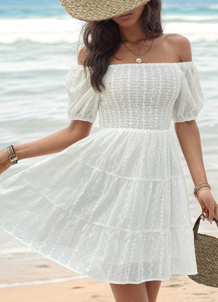 Smocked Eyelet Off-Shoulder Mini Dress - MimiStylez
