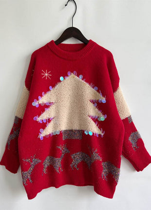 Sequin Christmas Tree & Reindeer Round Neck Sweater - MimiStylez