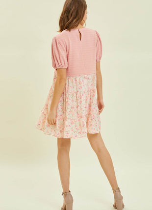 HEYSON Full Size Round Neck Floral Ruffle Hem Mini Dress - MimiStylez