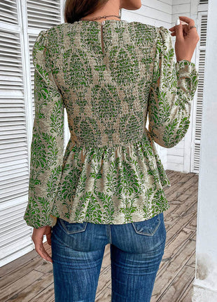 Smocked Printed Balloon Sleeve Blouse - MimiStylez