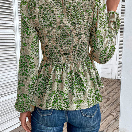 Smocked Printed Balloon Sleeve Blouse - MimiStylez