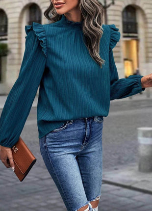 Mock Neck Ruffle Shoulder Blouse - MimiStylez