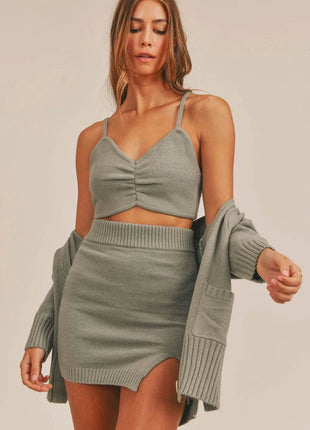 MABLE 3 Pieces Sweater Set with Crop Cami, Mini Skirt, Cardigan - MimiStylez