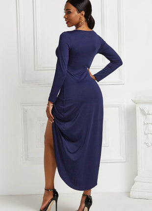 High-low Ruched Surplice Long Sleeve Dress - MimiStylez
