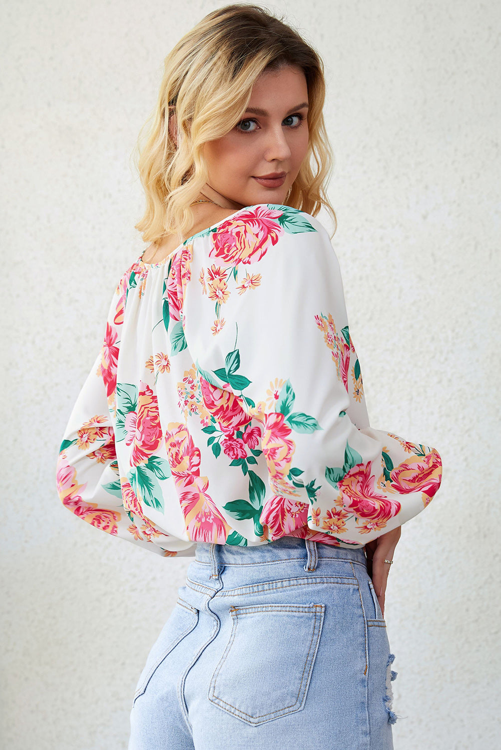 Double Take Floral Notched Neck Long Sleeve Blouse