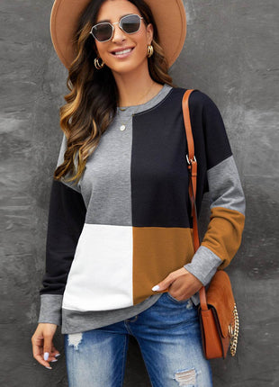 Color Block Round Neck Sweatshirt - MimiStylez