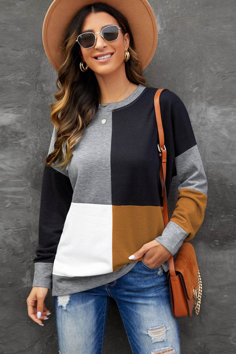 Color Block Round Neck Sweatshirt - MimiStylez