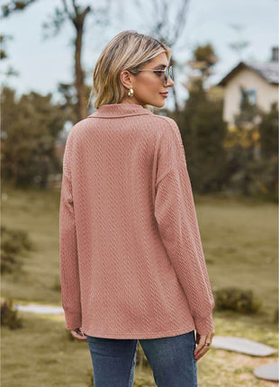 Collared Neck Cable-Knit Long Sleeve Blouse - MimiStylez
