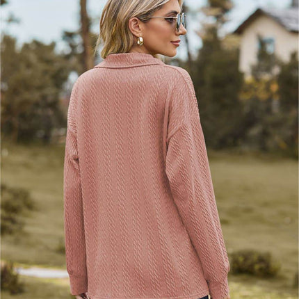 Collared Neck Cable-Knit Long Sleeve Blouse - MimiStylez
