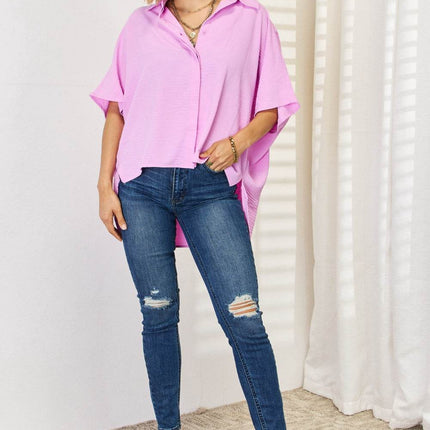 Zenana Texture Button Up Short Sleeve High-Low Shirt - MimiStylez